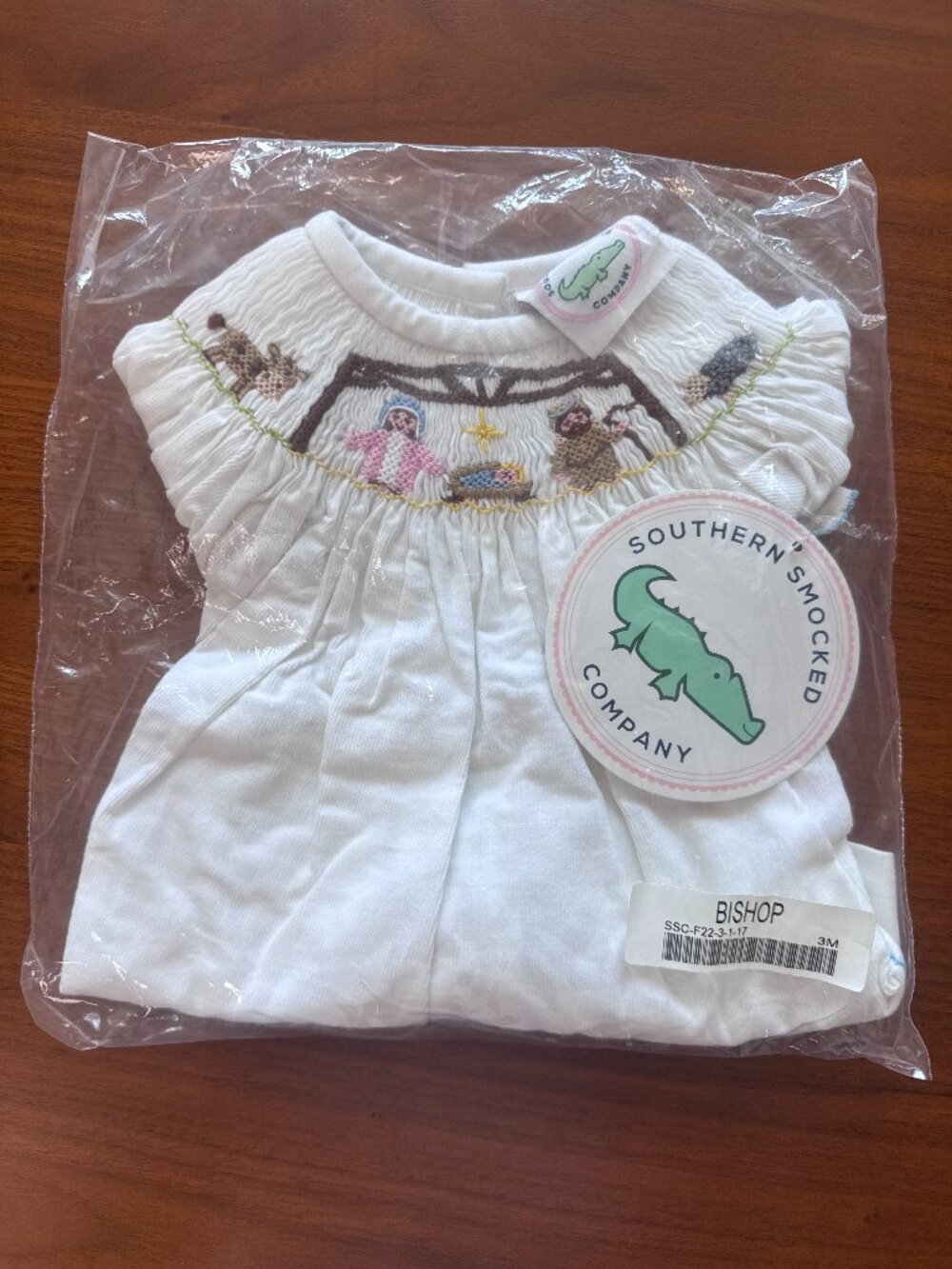 NWT Southern Smocked Company Bishop Dress with Nativity Scene Embroidery 3M